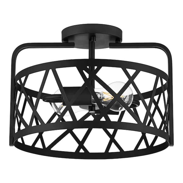 Hampton Bay Mahre 13 in. 2-Light Matte Black Semi-Flush Mount Ceiling Light Fixture with Caged Metal Shade