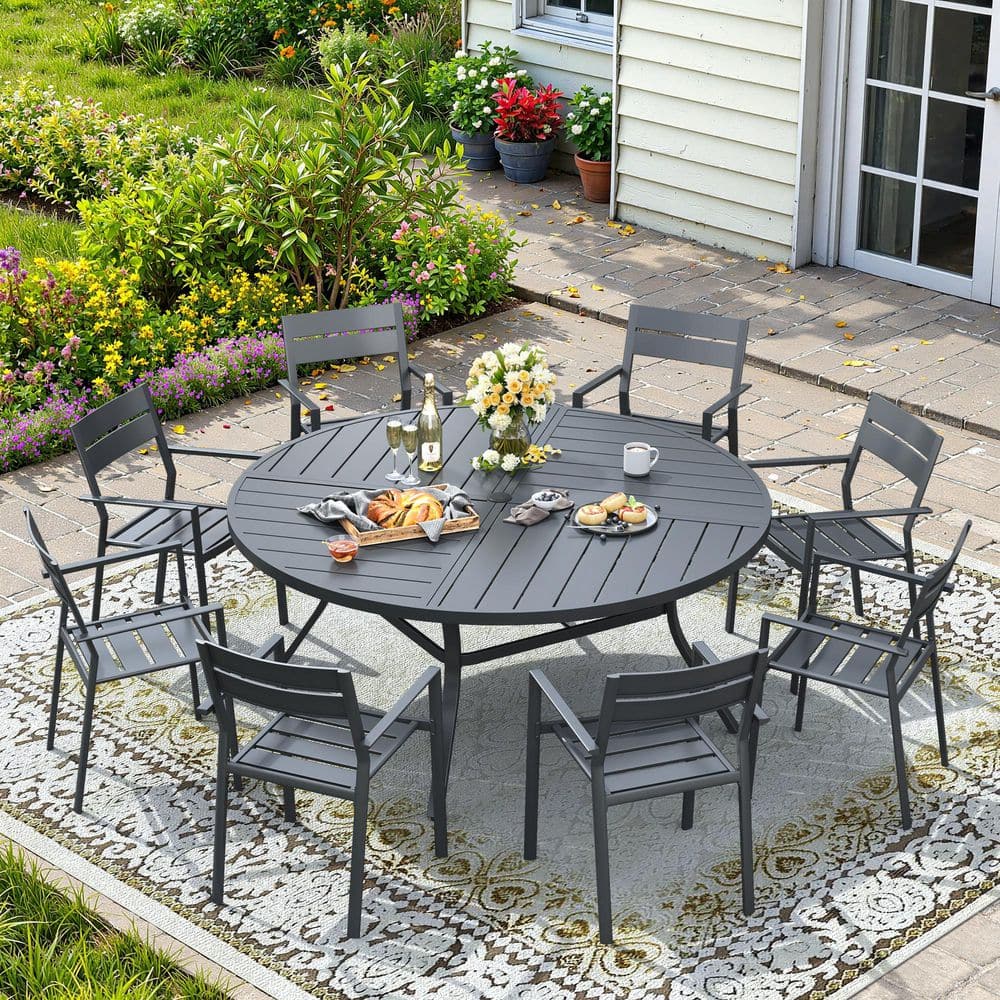 9-Piece Metal Outdoor Patio Dining Set with 53.1 in. Gray Round Table and 8 Stackable Chairs in Gray price history on PriceWatchPro