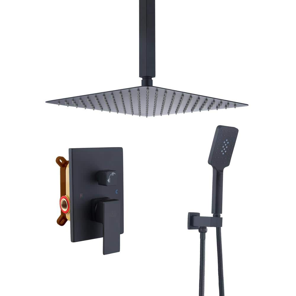 Matte Black Large Square Ceiling Mounted Dual Shower System