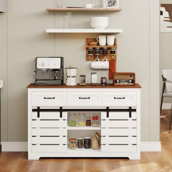 Unbranded White and Natural MDF 53.15 in. Buffet with 3-Drawers, 2-Sliding Barn Doors and 2-Adjustable Shelves Coffee Bar Cabinet
