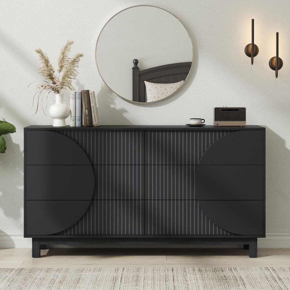 Carbon Black 6-Drawers 60 in. Wide Chest of Drawers with Wave Front Design and Solid Wood Legs price history on PriceWatchPro