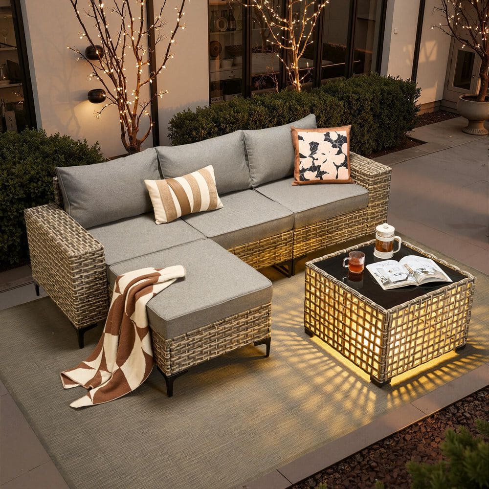 Versa 5-Piece Wicker Outdoor Sectional Sofa Set with Ottoman, Solar Lighted Coffee Table and Dark Gray Cushions price history on PriceWatchPro