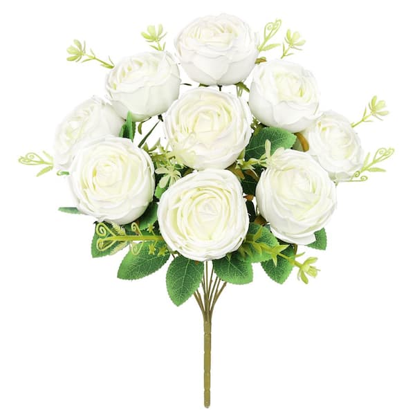 LIVING LUXURY 17 in. Cream White Artificial Vintage Cabbage Rose Flower Stem Bush Bouquet (Set of 2)