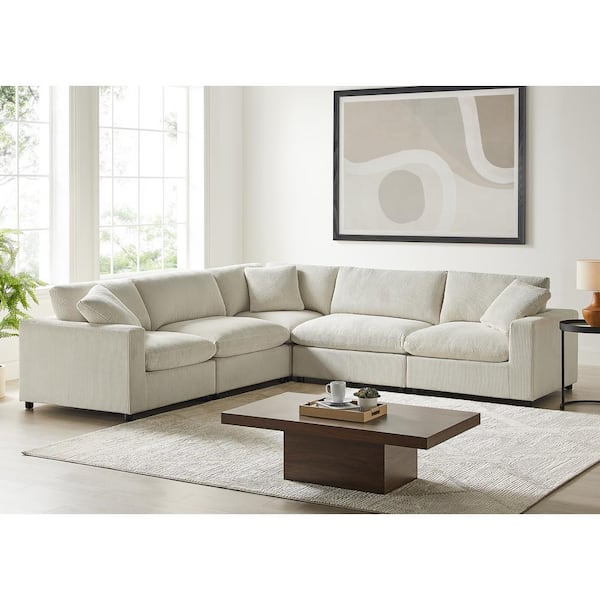 Casella 120 in. Square Arm 5-Piece Corduroy Fabric Modular Sectional Sofa in Beige