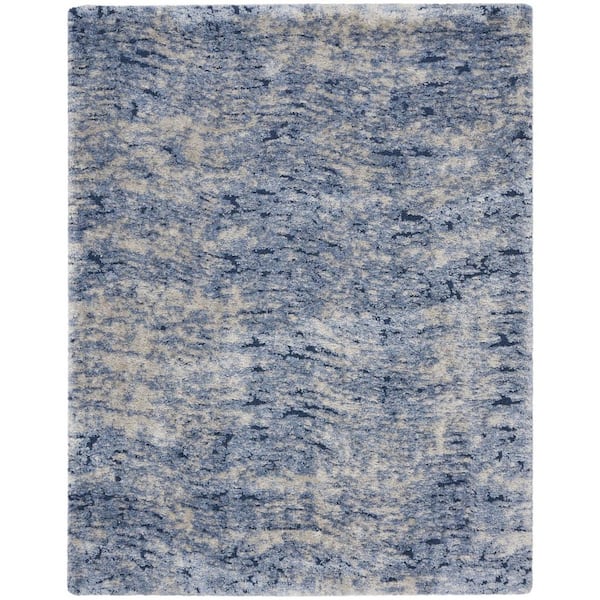 7 ft. x 9 ft. Light Blue Navy Blue and Beige Abstract Shag Area Rug