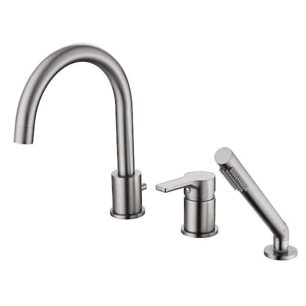 Modern Single Handle Tub Deck Mount Roman Tub Faucet with Hand Shower in Brushed Nickel