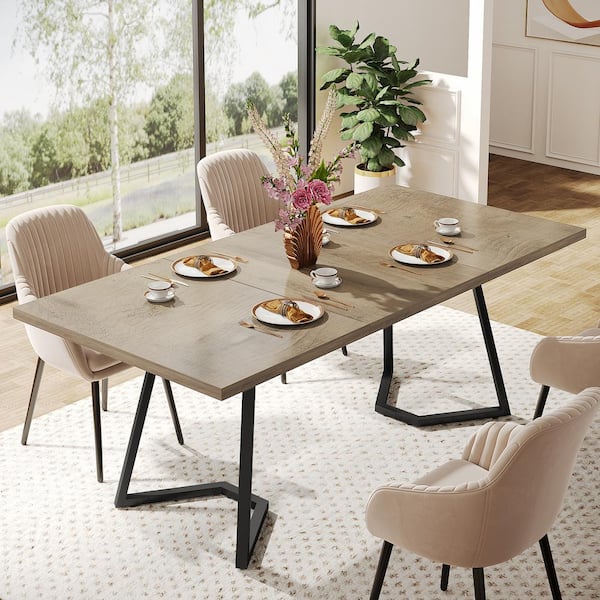 BYBLIGHT Farmhouse Grey & Black Wood 55 in. Trestle Dining Table, Dinner Table with Metal Legs Seats 6