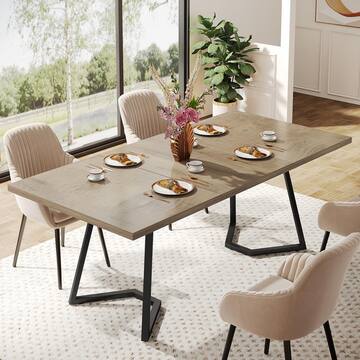 Farmhouse Grey & Black Wood 55 in. Trestle Dining Table, Dinner Table with Metal Legs Seats 6