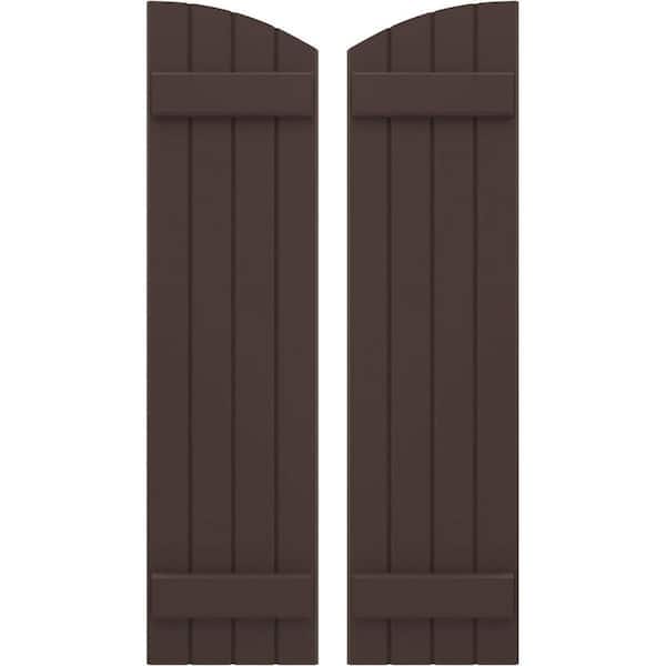Ekena Millwork 14 in. W x 47 in. H Americraft Exterior Real Wood Joined Board and Batten Shutters with Elliptical Top in Raisin Brown