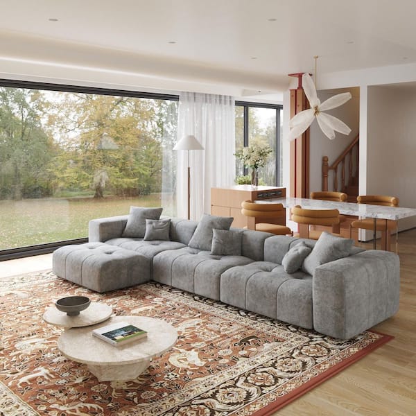 J&E Home 4-Piece Gray Linen 144 in. W Sectional Sofa Oversized