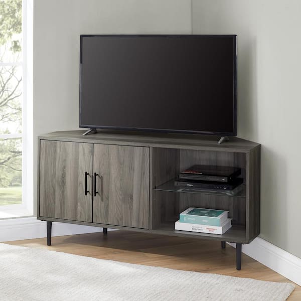 Welwick Designs 48 in. Slate Gray Composite Corner TV Stand Fits TVs Up to 50 in. with Storage