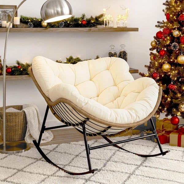 Oversized Beige PE Wicker Outdoor Rocking Chair Papasan Chair with Beige Cushion