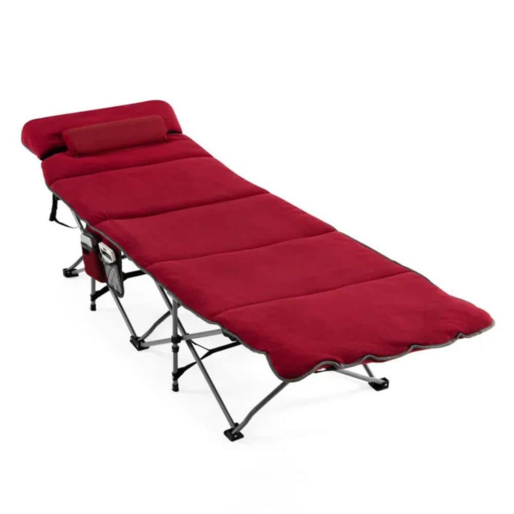 Red 1-Piece Metal Outdoor Recliner without Sunshade with Red Cushion