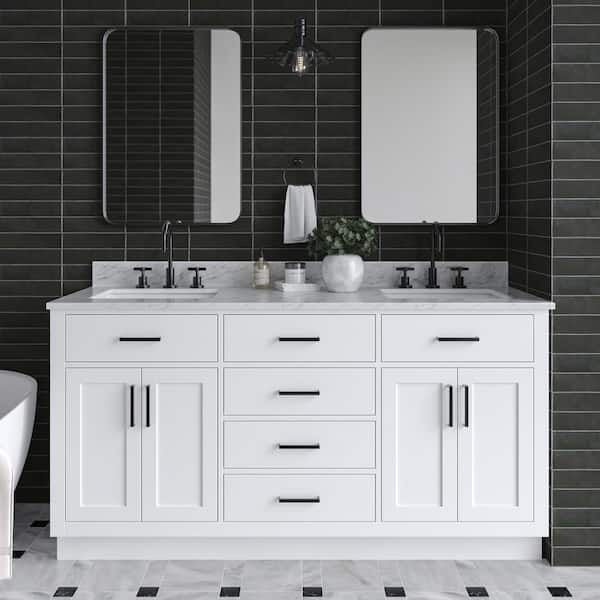 ARIEL Hepburn 67 in. W x 22 in. D x 35.25 in. H Double Freestanding Bath Vanity in White with Carrara White Marble Top