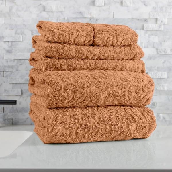 6Pc Combed Cotton Bath Towel Set with 2 Bath Sheets, 2 Hand Towels, and 2 Wash Cloths, Clay Jacquard Bathroom Towels