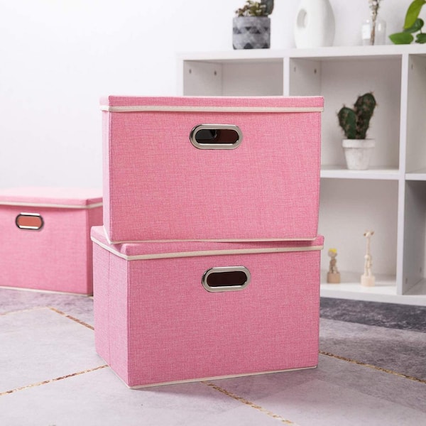Neon Pink Collapsible Fabric Storage Cubes Bins with Handles Square Closet  Organizer Waterproof Lining for Home Office Bedroom 15.75x10.63x6.96 Inches