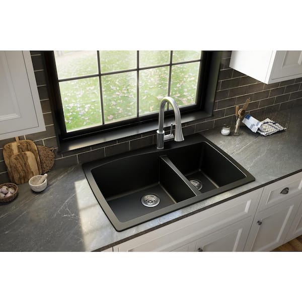 Karran Drop-In Quartz Composite 34 in. 1-Hole 60/40 Double Bowl Kitchen Sink in Black