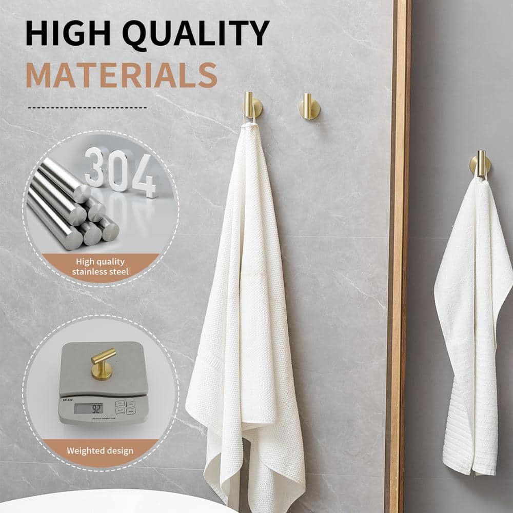 Brushed Gold Stainless Steel J-Hook Wall Mounted Towel Hooks, 4-Pack