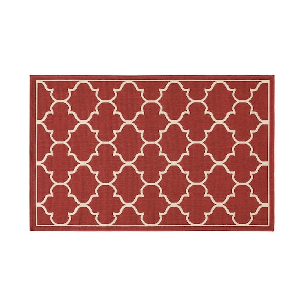 Noble House Ella Red and Ivory 3 ft. x 3 ft. Indoor/Outdoor Patio Area Rug