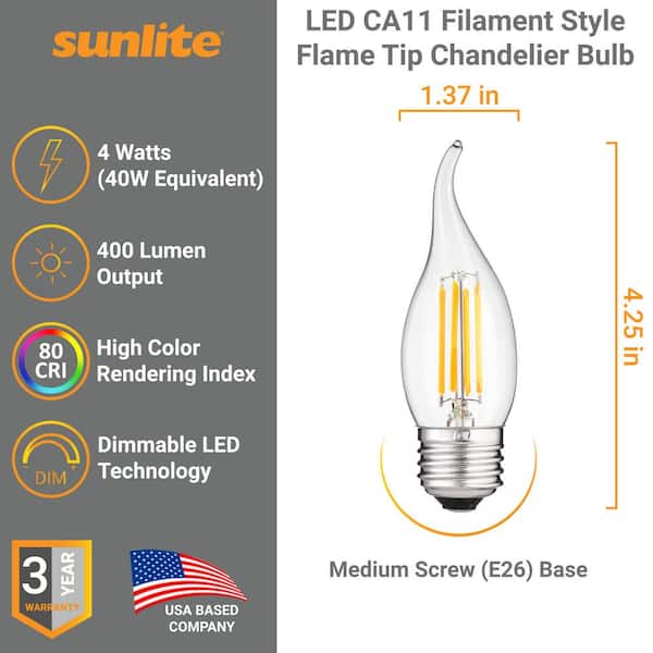 Sunlite 40-Watt Equivalent CA11 Dimmable Clear Filament Chandelier LED Light Bulb in Warm White, 2700K (4-Pack)