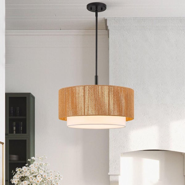 1-Light Black Pendant Light with Rattan Shade and Fabric Shade