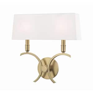 Gwen 2-Light 14.5 in. W Aged Brass Wall Sconce with White Linen Shade