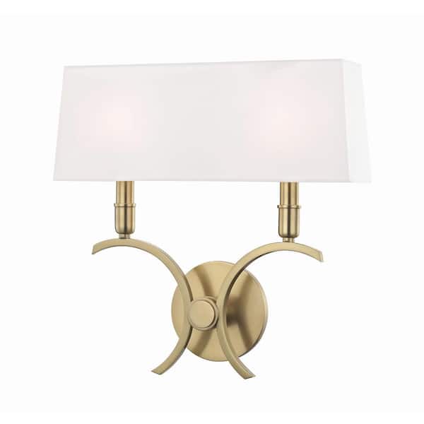 MITZI HUDSON VALLEY LIGHTING Gwen 2-Light 14.5 in. W Aged Brass Wall Sconce with White Linen Shade