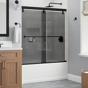Mod 60 in. W x 59-1/4 in. H Soft-Close Frameless Sliding Bathtub Door in Matte Black with 1/4 in. Tempered Smoked Glass
