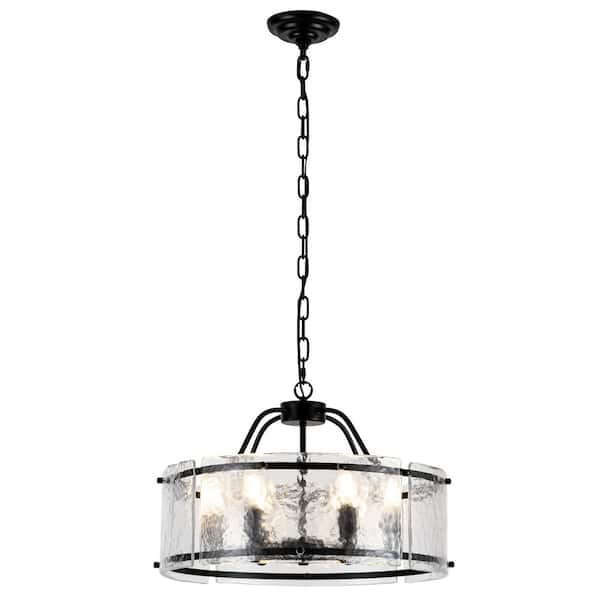 19. 7 in. 6-Light Black Modern Farmhouse Candle Drum Chandelier with Ripple Glass for Kitchen Island Dining Room Foyer