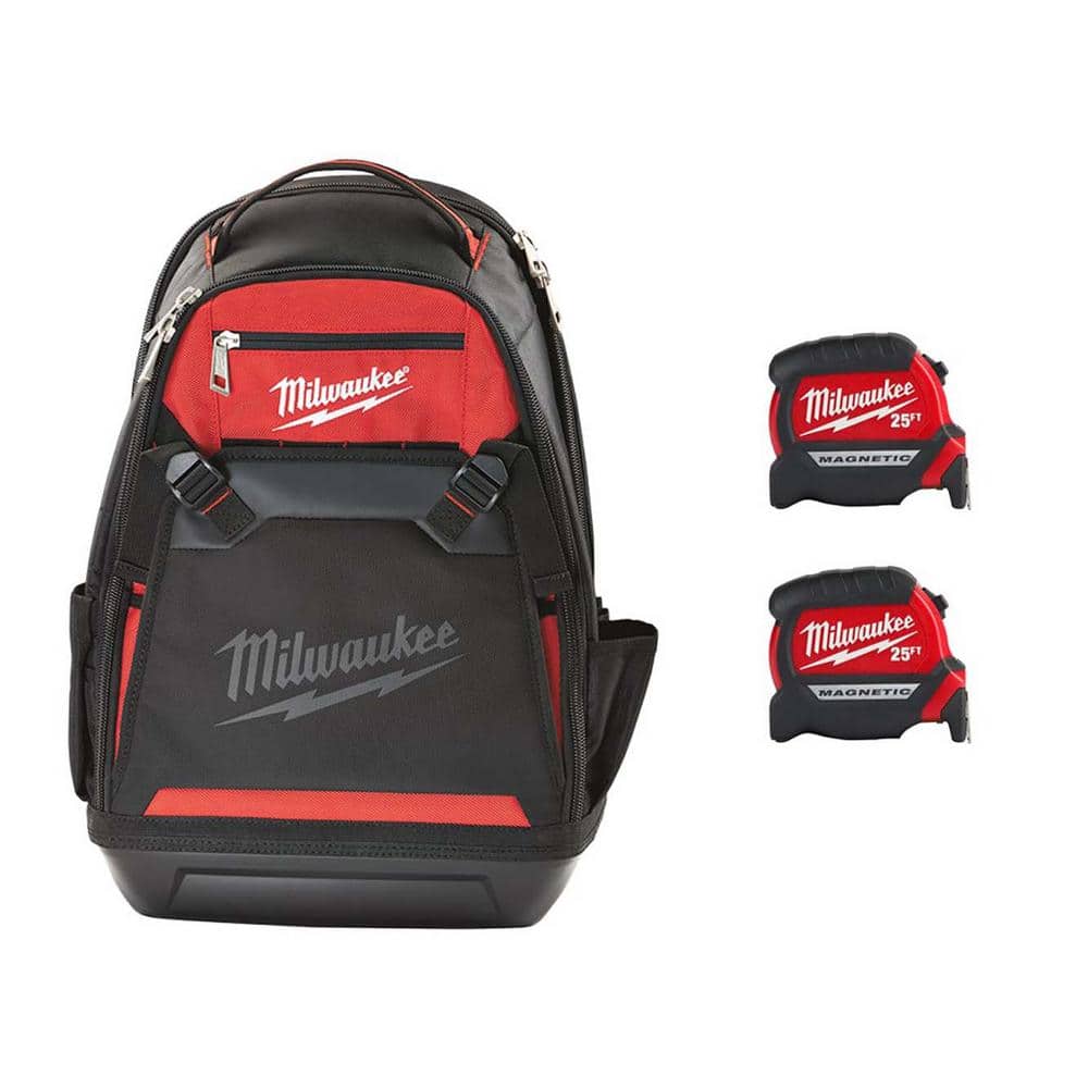 Milwaukee 10 in. Jobsite Backpack with 25 ft. x in. Compact Magnetic Tape  Measure (2-Pack) 48-22-8200-48-22-0325G The Home Depot