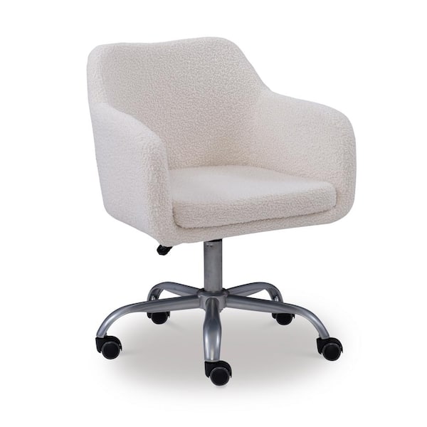 Barnes Fabric Seat Adjustable Height Rolling Office Task Chair in Cream Sherpa with Non Adjustable Arms