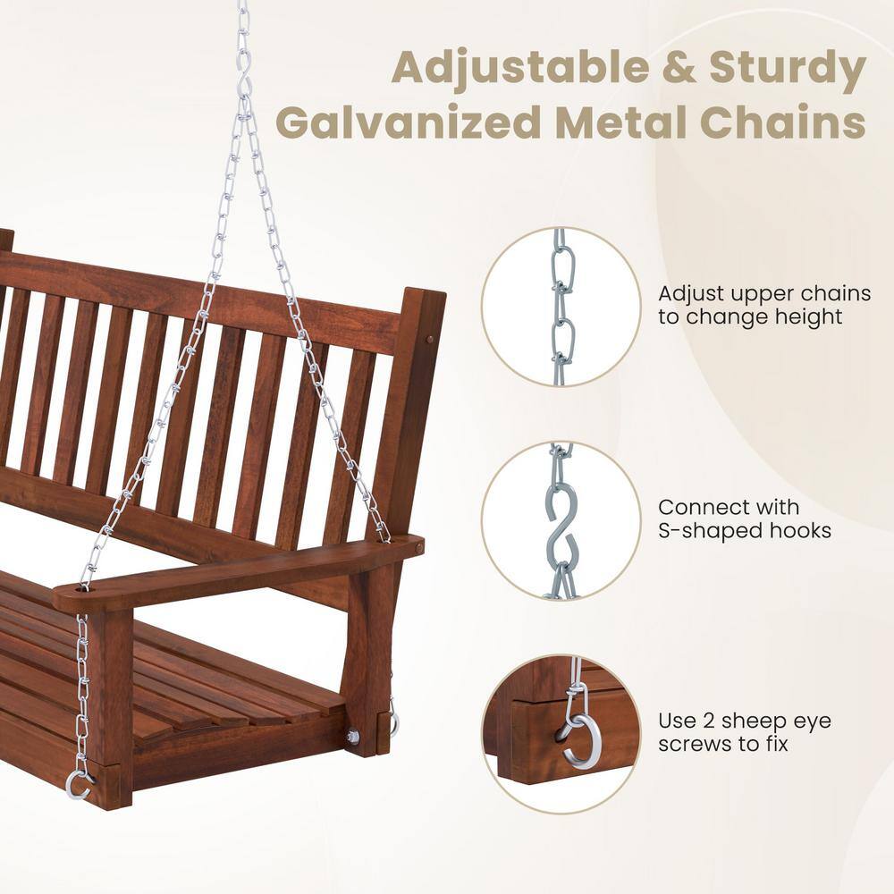 Brown Solid Wood 2-Person Outdoor Porch Swing with Metal Chains