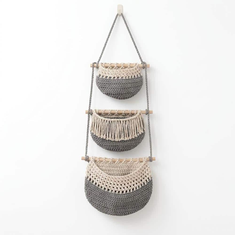 "Gray & White Macrame 3 Tier Hanging Storage Basket 31.5""x13"", Boho Woven Wall Organizer" price history on PriceWatchPro
