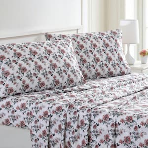 Printed 4-Piece Rose Bloom Microfiber Queen Sheet Set