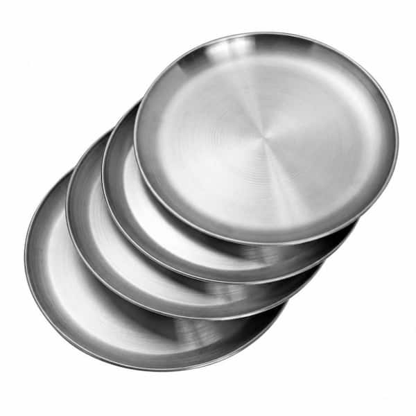 Modern Stackable Silver Unbreakable Dishwasher Safe 10 in. Plates, Stainless Steel Dinner Plates, (Set of 4) for Camping