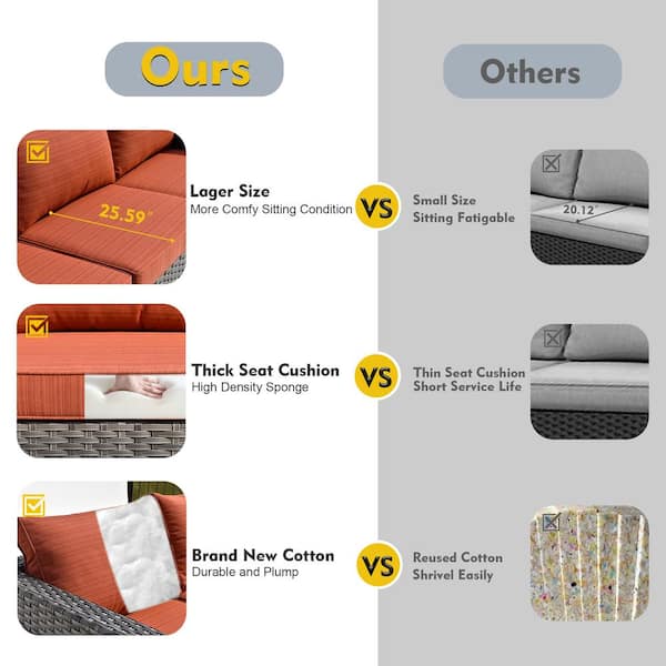 XIZZI Riley 6-Piece Wicker Patio Rectangular Fire Pit Set with Orange Red Cushions DFP-HOP805-B12