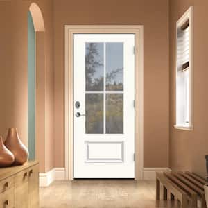 36 in. x 80 in. Left-Hand 4 Lite Clear Glass Modern White Painted Fiberglass Prehung Front Door with Brickmould