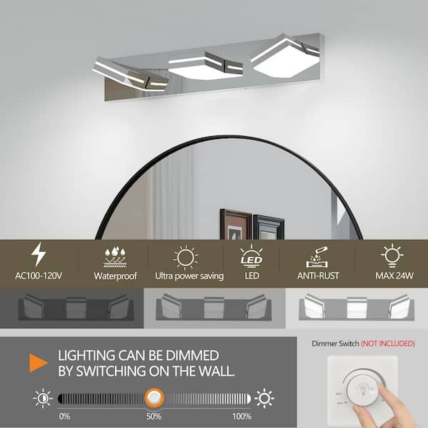 23.6 in. W 3 Light Chorme Vanity Light for Bathroom, Integrated LED Fixtures Over Mirror, Dimmable