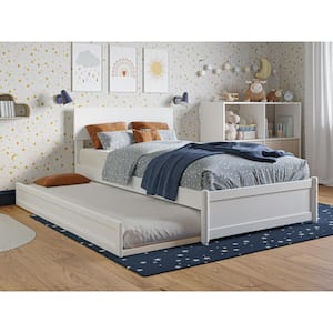 Wesley White Solid Wood Frame Twin Platform Bed with Panel Footboard and Twin Trundle