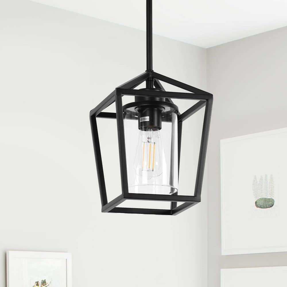 1-Light Matte Black Modern Farmhouse Cage Lantern Pendant Light with Clear Glass Shade, perfect for Dining Room price history on PriceWatchPro