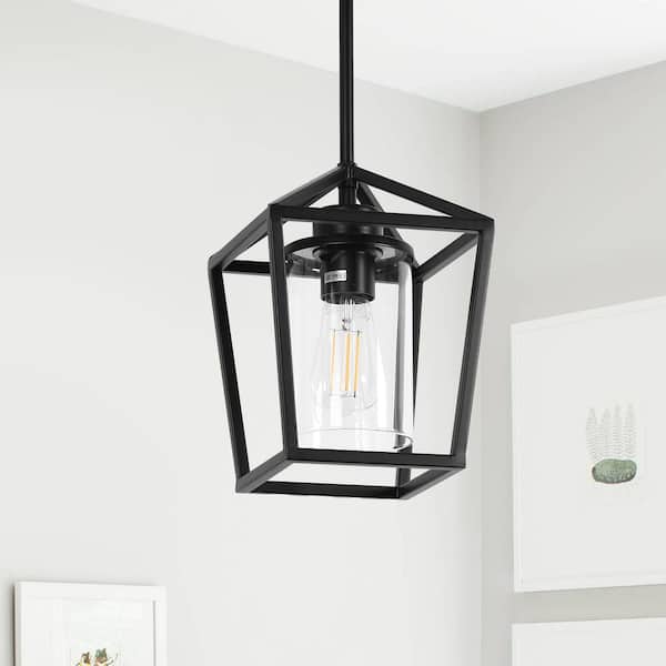 1-Light Matte Black Modern Farmhouse Cage Lantern Pendant Light with Clear Glass Shade, perfect for Dining Room