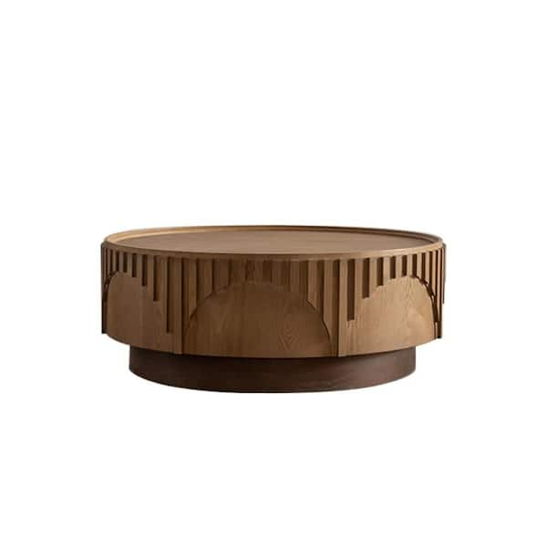 36. 22in. Natural Round Solid Wood+MDF Coffee Table, Solid Wood Veneer Fluted Mushroom Design Tea Table with Pedestal
