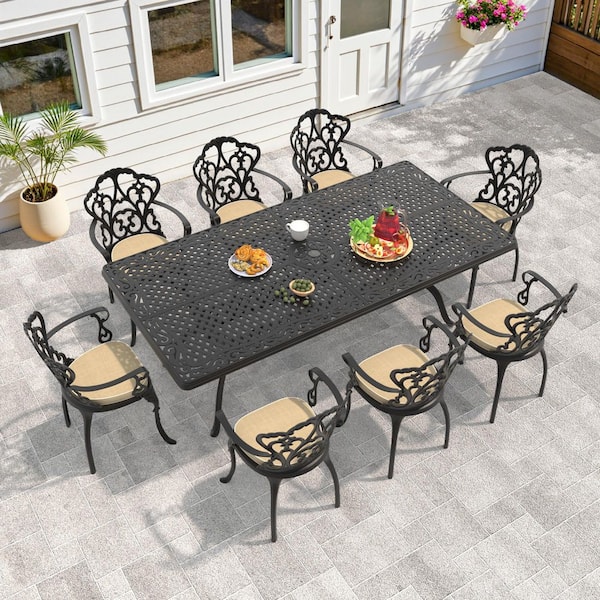 Willit Lily Black 9-Piece Cast Aluminum Outdoor Dining Set with Rectangle Table and Dining Chairs with Off-white Cushion