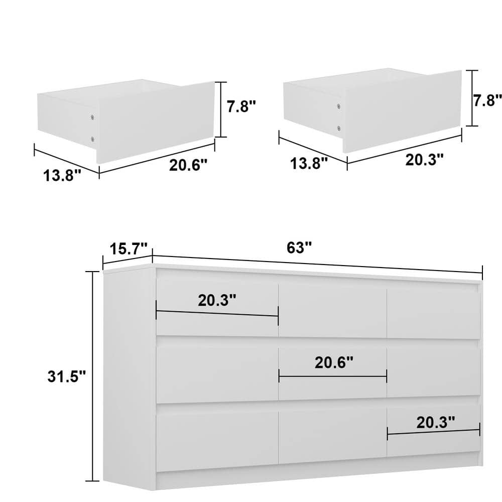 White MDF 9-Drawer Modern Bedroom Dresser