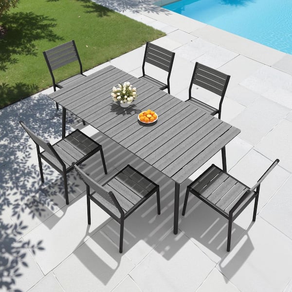 7-Piece Aluminum Outdoor Dining Set Wood-Like Plastic Top 1.61 in. Umbrella Hole 6 Stackable Dining Chairs in Dark Gray