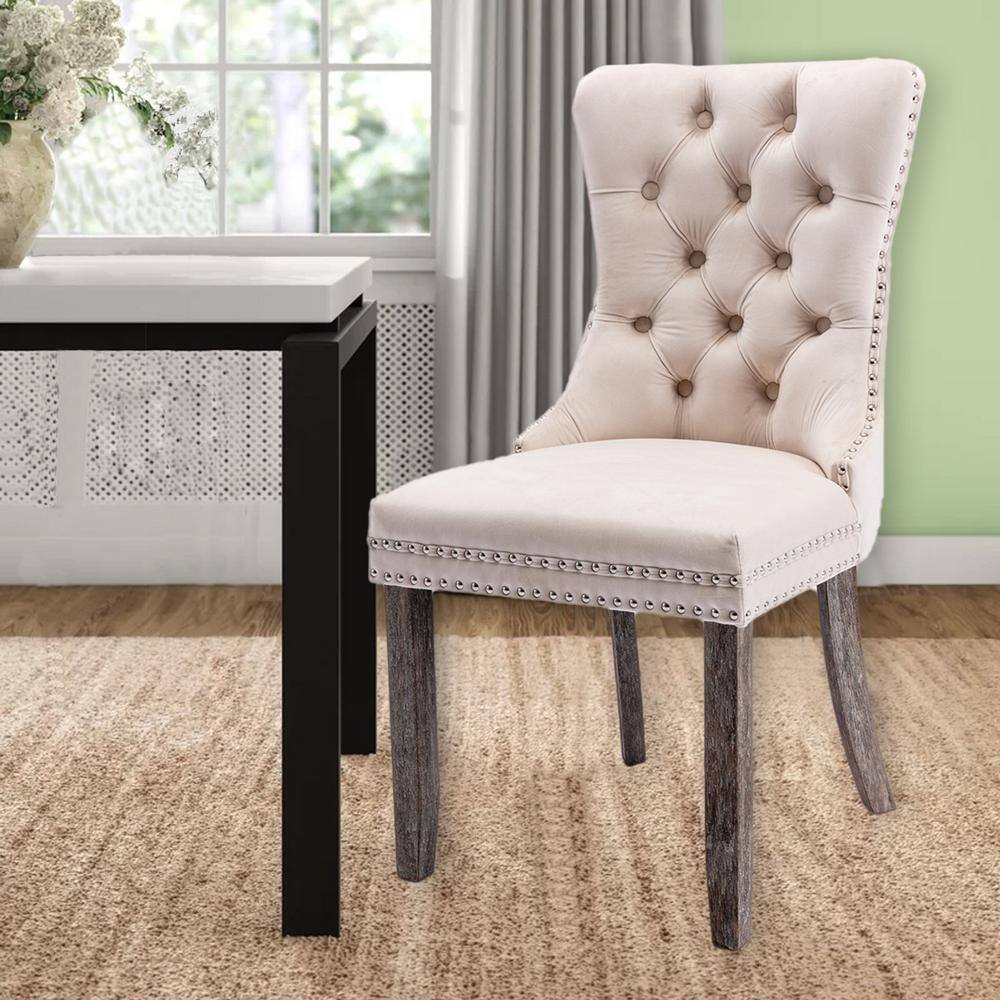 Beige Velvet Upholstered High Back Side Chairs with Wood Legs