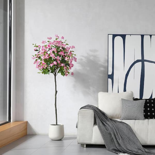 DR.Planzen 6 ft. Faux Bougainvillea Flowers Tree with White Tall