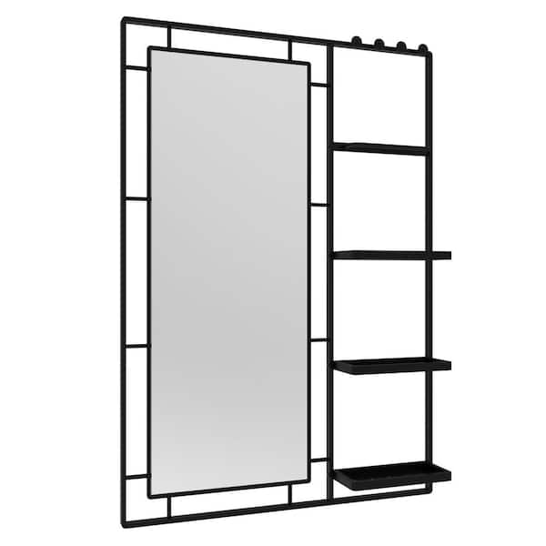 Unbranded 30.2 in. W x 43.3 in. H Black Rectangular Bathroom Wall Mirror with Multi-functional Shelf