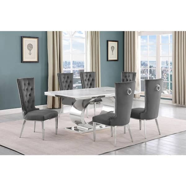 Best Quality Furniture Ibraim 7-Piece Rectangle White Marble Top with Stainless Steel Base Dining Set with 6 Dark Grey Velvet Fabric Chairs