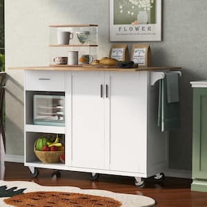 Rolling White Drop Leaf Rubberwood Countertop 49 in. Kitchen Island with Slide-Out Shelf, Wheels and Fixed Feet